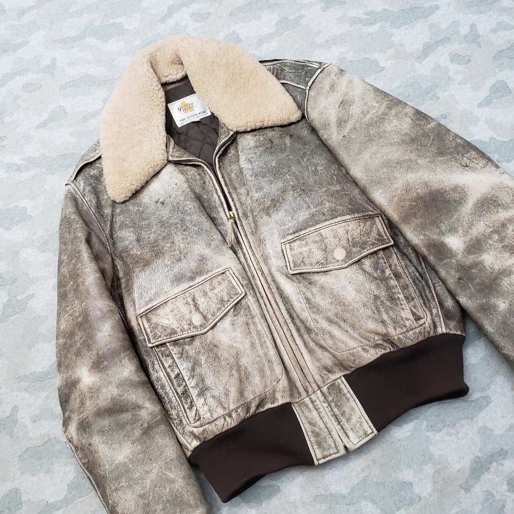 Vintage Golden Bear Bomber Jacket Men 44 Gray Aviator Flight Fur Collar G-1